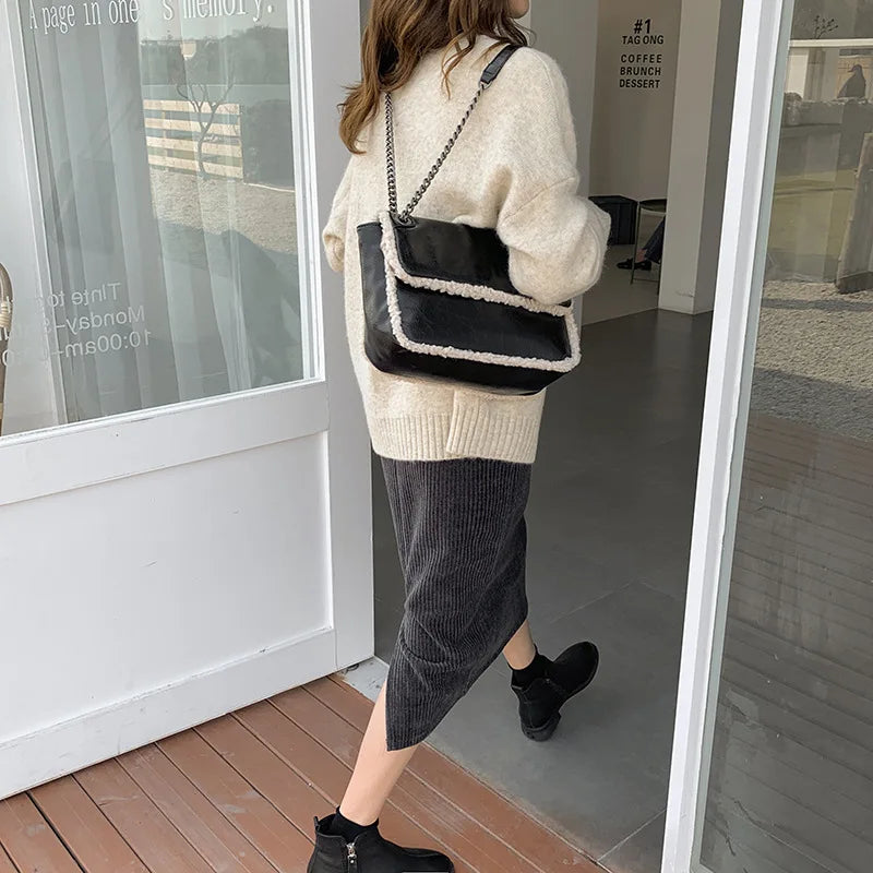 Faux Fur Messenger Bag Lamb Wool Women Shoulder Bags Totes Warm Purses