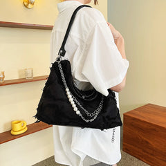 Canvas Tassel Hobo Underarm Handbag Large Capacity Shoulder Bag for Women