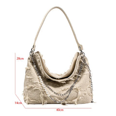Canvas Tassel Hobo Underarm Handbag Large Capacity Shoulder Bag for Women