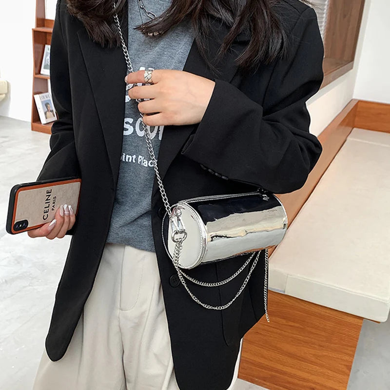 Silver Chain Lady Crossbody Bag Cylindrical Handbag Purse