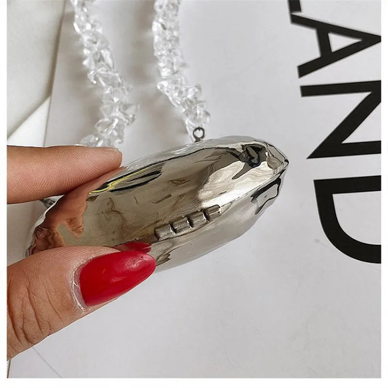Crystal Chain Mini Neck Bag Silver Shell Single Shoulder Bag