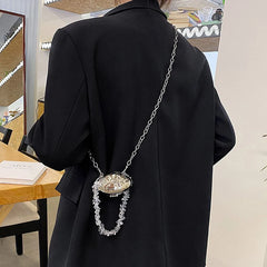 Crystal Chain Mini Neck Bag Silver Shell Single Shoulder Bag