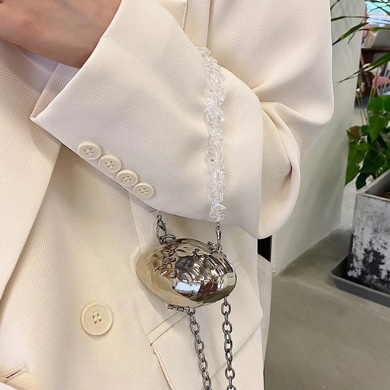 Crystal Chain Mini Neck Bag Silver Shell Single Shoulder Bag