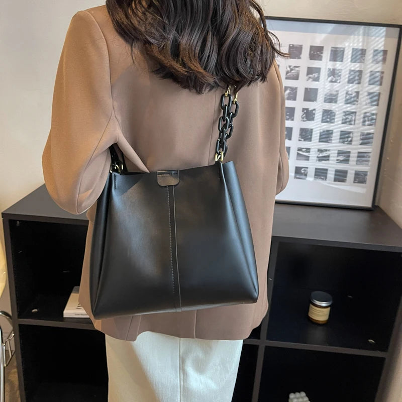 Women Shoulder Bags Tote Chain Strap Big Pockets PU Leather