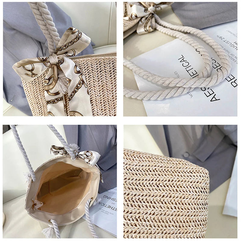 Silk Scarf Women's Shoulder Bag and Straw Woven Handbag