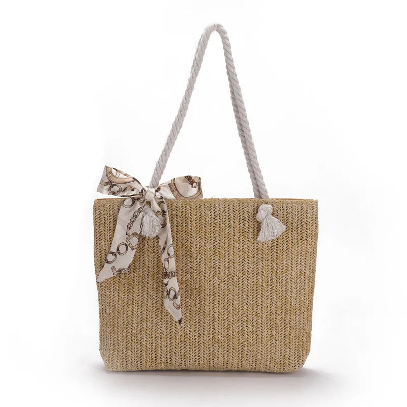 Silk Scarf Women's Shoulder Bag and Straw Woven Handbag