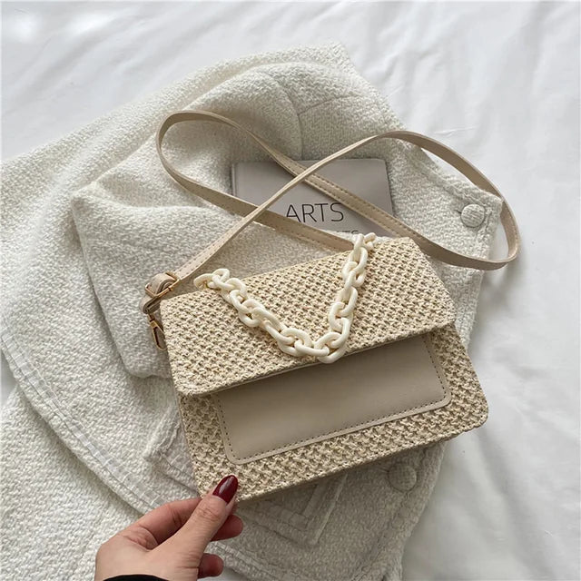 Woven Straw Women Shoulder Messenger Bag Acrylic Chain Small Square Purse