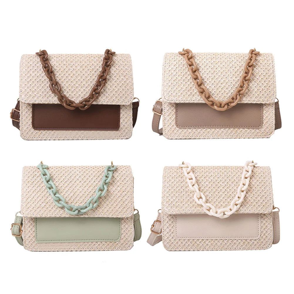 Woven Straw Women Shoulder Messenger Bag Acrylic Chain Small Square Purse