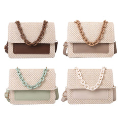 Woven Straw Women Shoulder Messenger Bag Acrylic Chain Small Square Purse