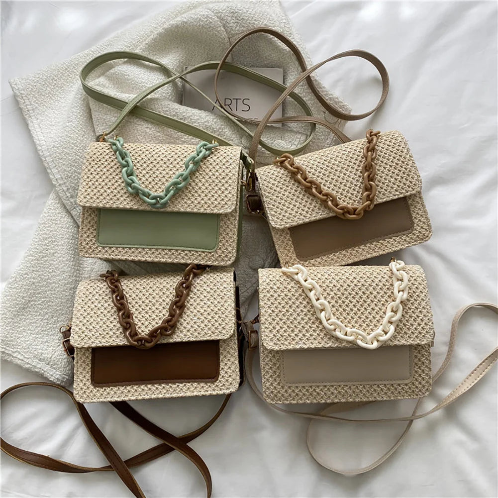 Woven Straw Women Shoulder Messenger Bag Acrylic Chain Small Square Purse