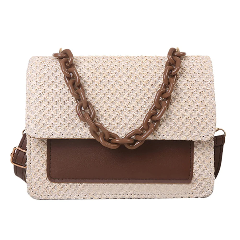 Woven Straw Women Shoulder Messenger Bag Acrylic Chain Small Square Purse