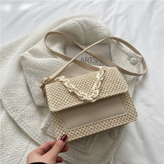 Woven Straw Women Shoulder Messenger Bag Acrylic Chain Small Square Purse