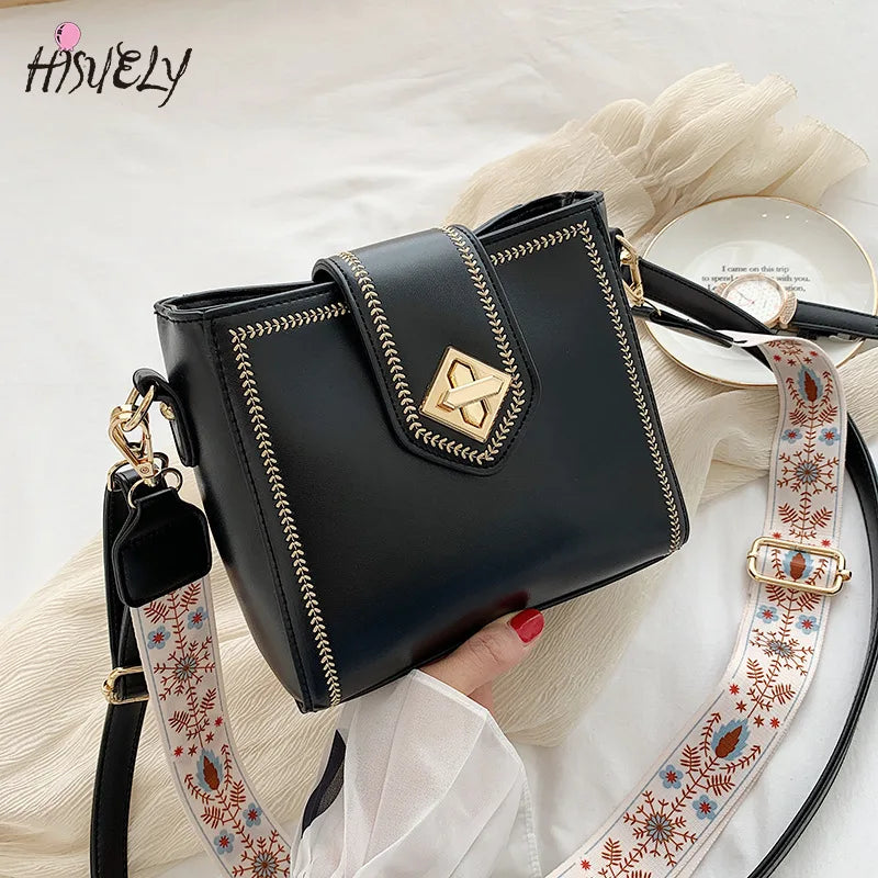 Vintage Women's Bucket Bag Wide Shoulder Strap Retro Crossbody Tote