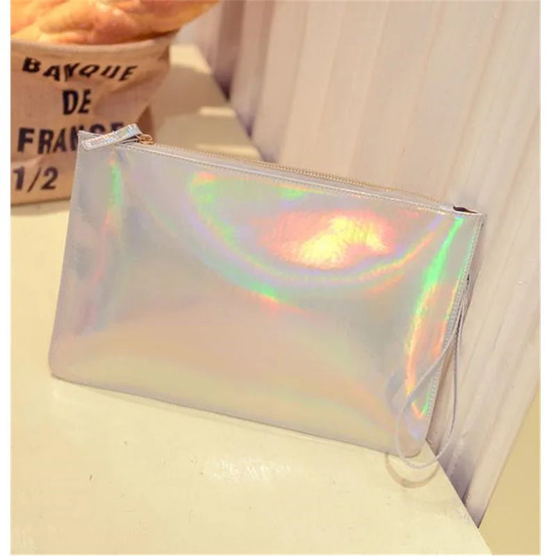 Women Laser Evening Bags Hologram Envelope Silver Pink Clutch