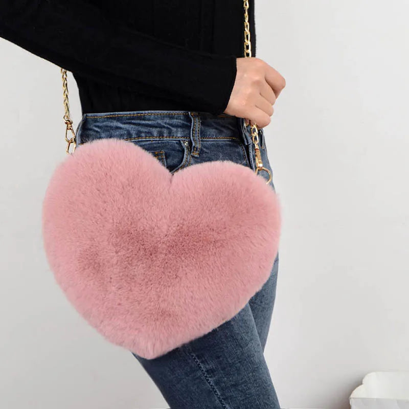 Heart Shaped Faux Fur Crossbody Wallet Purse Chain Shoulder Bag