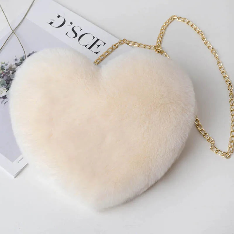 Heart Shaped Faux Fur Crossbody Wallet Purse Chain Shoulder Bag