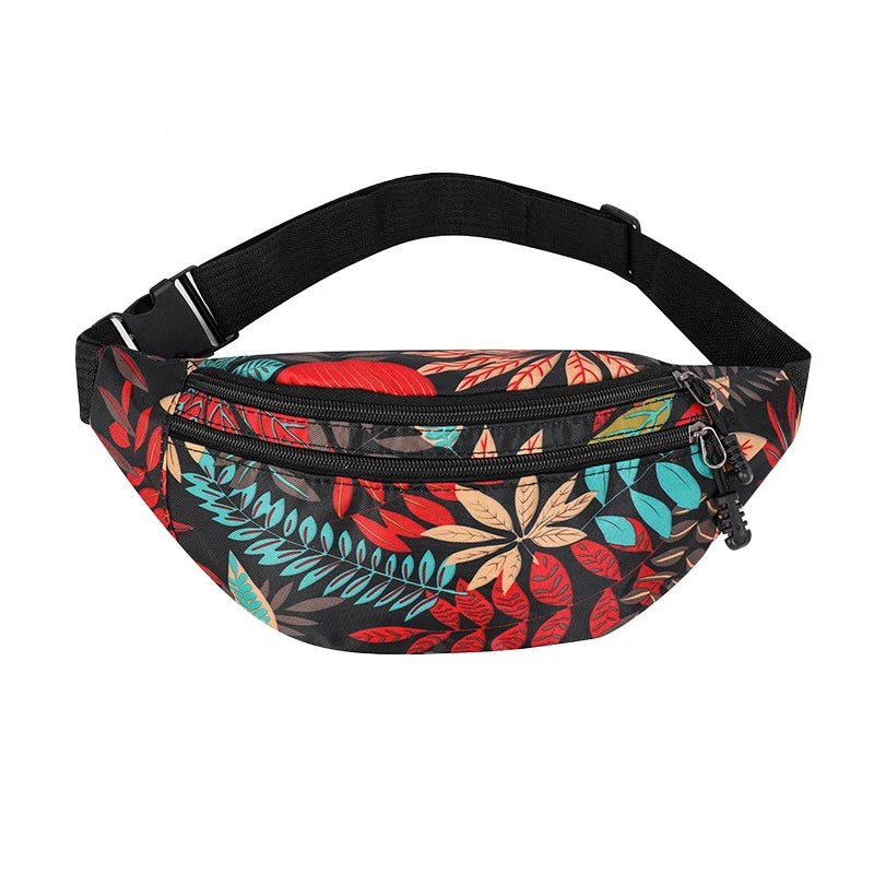Leaf Printed Waist Bag Large Capacity Fanny Pack Men's Belt Women Casual Canvas