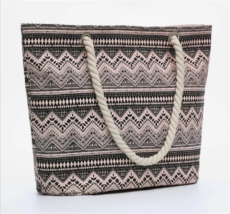Printed Flowers Canvas Handbags Casual Shoulder Bags Large Size Beach Bags