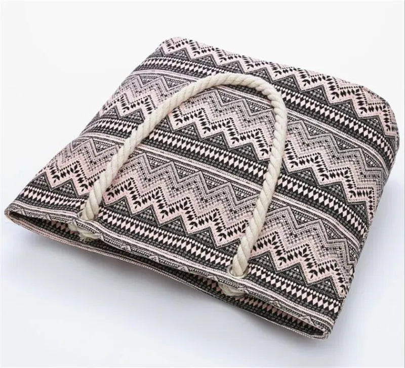 Printed Flowers Canvas Handbags Casual Shoulder Bags Large Size Beach Bags