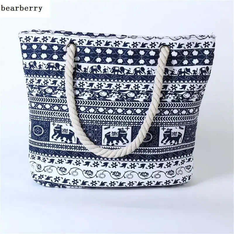 Printed Elephant Canvas Shoulder Bags Large Size Beach Bags For Girls