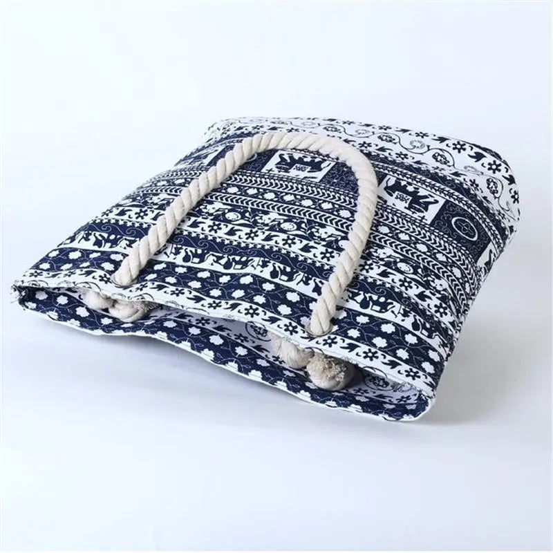 Printed Elephant Canvas Shoulder Bags Large Size Beach Bags For Girls