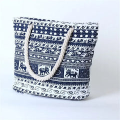 Printed Elephant Canvas Shoulder Bags Large Size Beach Bags For Girls