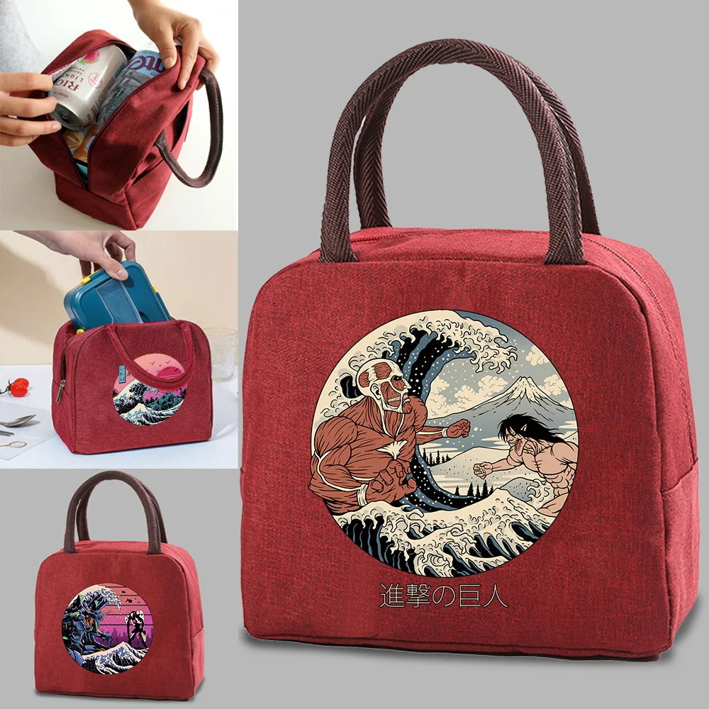 Wave Print Insulated Lunch Bag Thermal Handbag Women Work Storage Bento Pouch