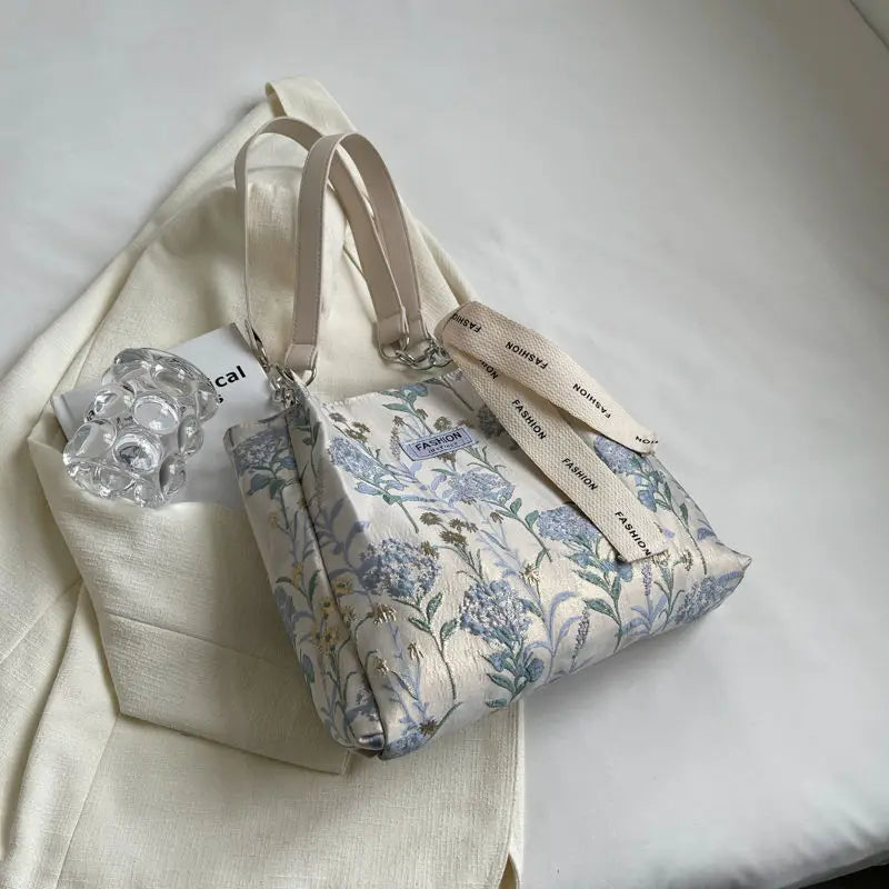 Embroidered Floral Canvas Tote Bag for Women