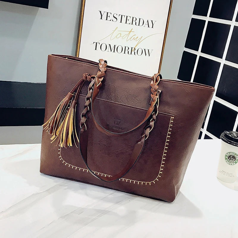 Women Shoulder Tote Bags with Tassel Leather Handbags