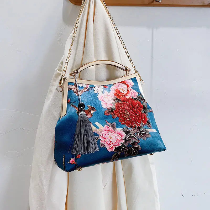 Floral Lock Shell Vintage Bag Fringe Chain Women Shoulder Crossbody