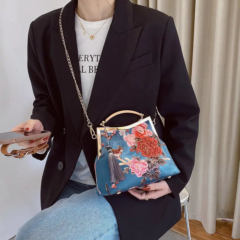 Floral Lock Shell Vintage Bag Fringe Chain Women Shoulder Crossbody