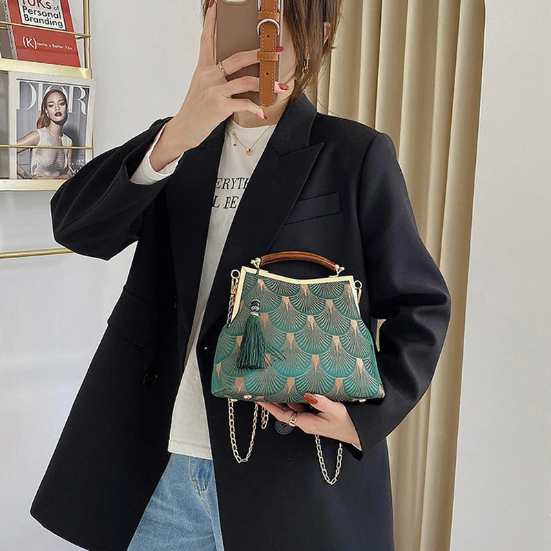 Floral Lock Shell Vintage Bag Fringe Chain Women Shoulder Crossbody