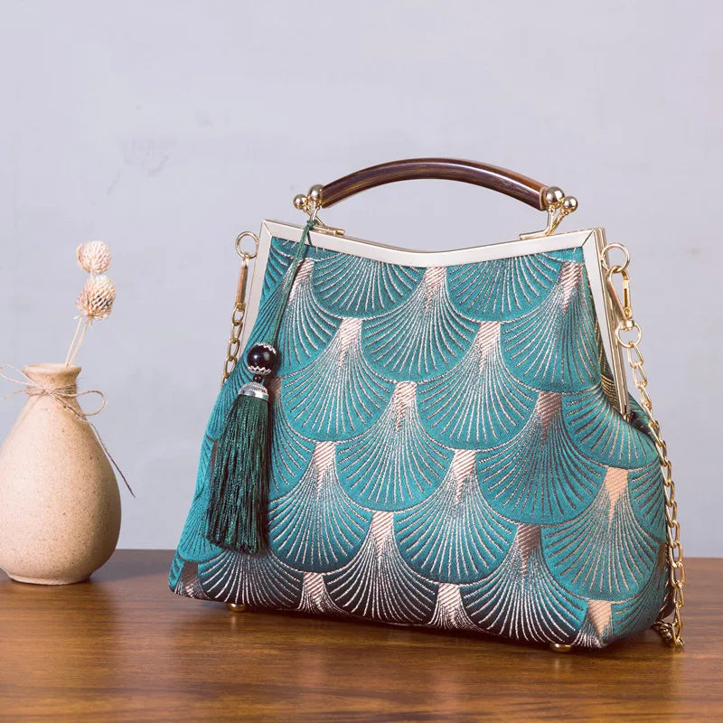 Floral Lock Shell Vintage Bag Fringe Chain Women Shoulder Crossbody