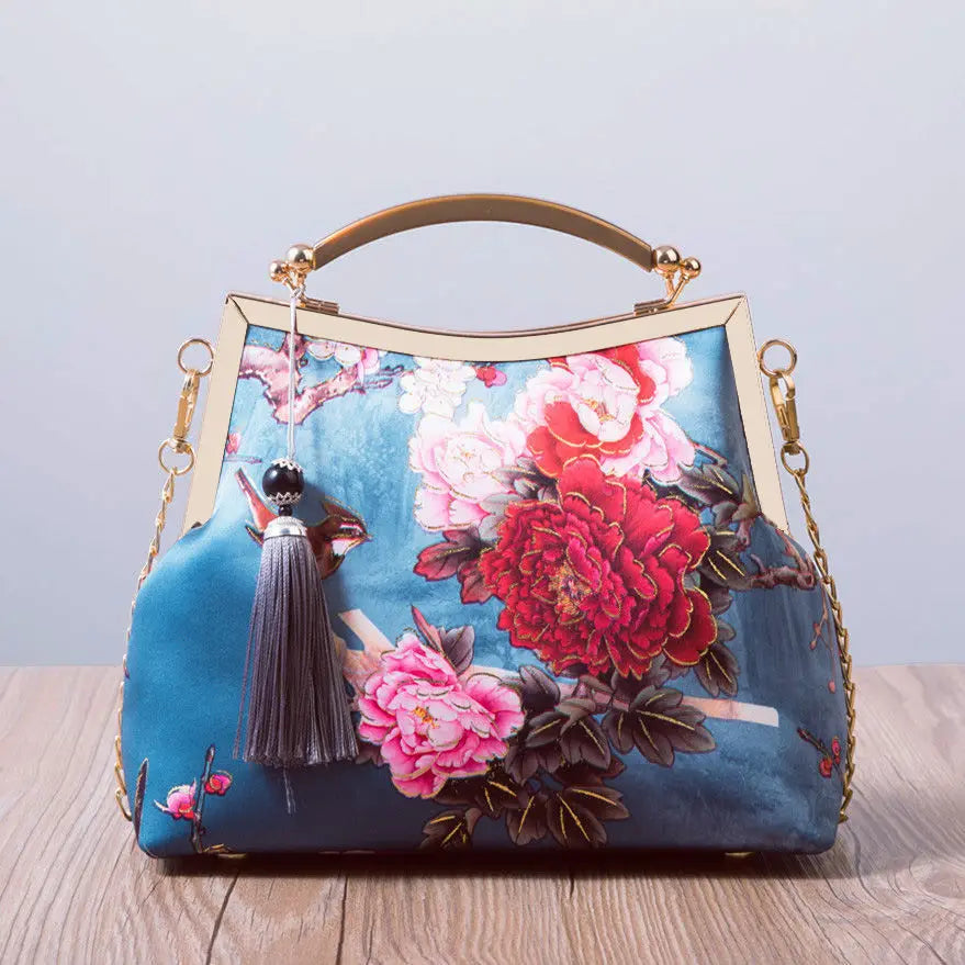 Floral Lock Shell Vintage Bag Fringe Chain Women Shoulder Crossbody