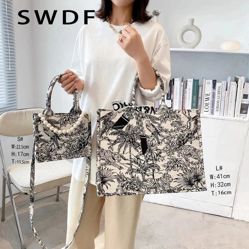 Jacquard Embroidery Canvas Tote Bag for Women