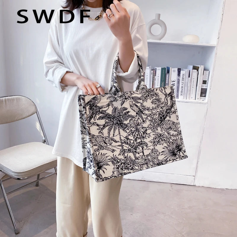 Jacquard Embroidery Canvas Tote Bag for Women
