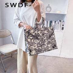 Jacquard Embroidery Canvas Tote Bag for Women
