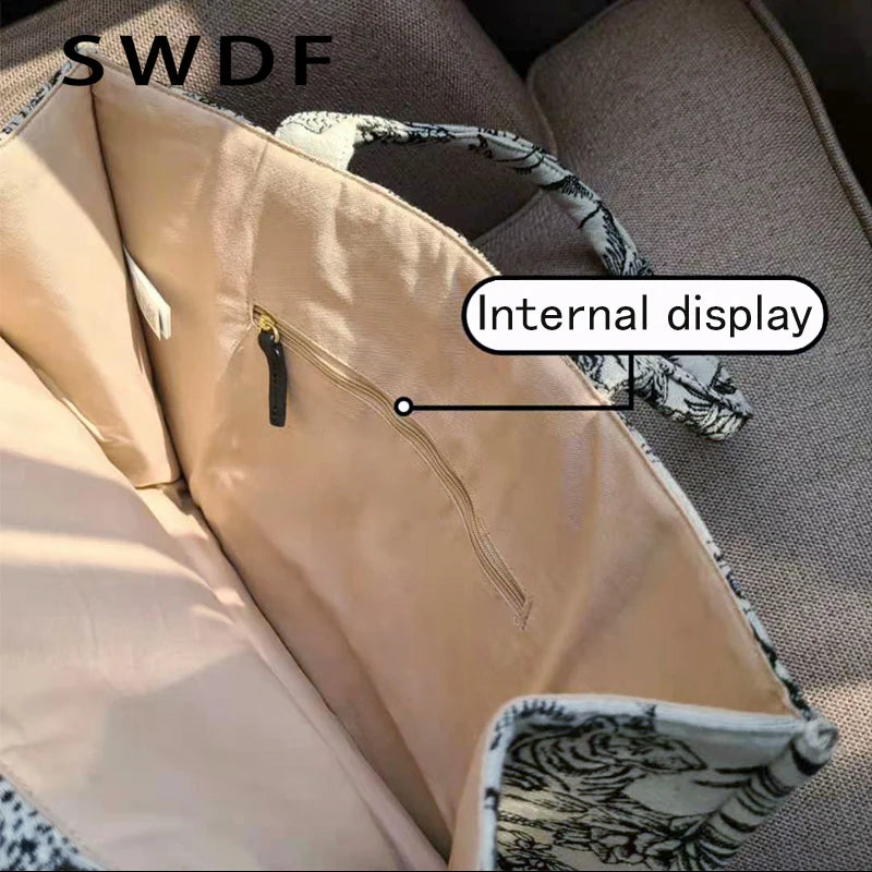 Jacquard Embroidery Canvas Tote Bag for Women