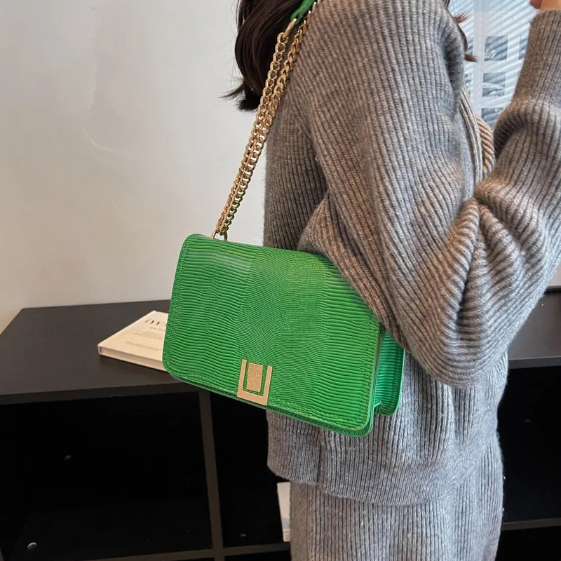 Women Chain Crossbody Bags Clutch PU Leather Shoulder Bag Orange Green Messenger