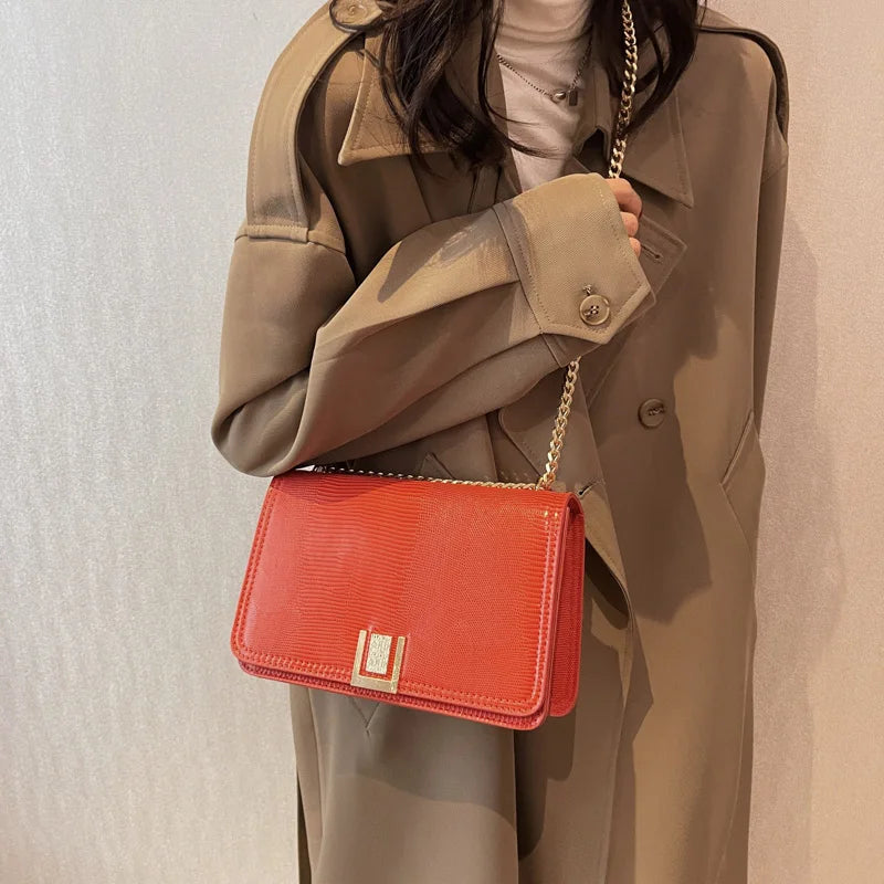Women Chain Crossbody Bags Clutch PU Leather Shoulder Bag Orange Green Messenger
