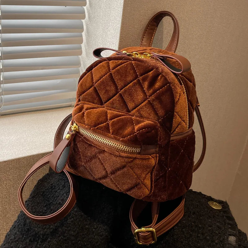 Mini Velvet Backpack Retro Rhombus Design
