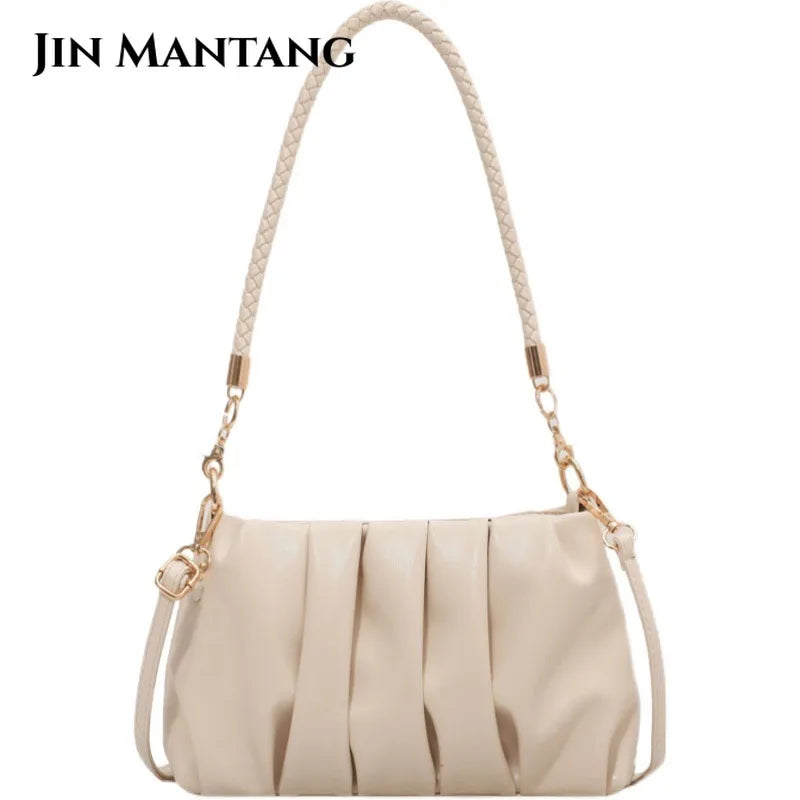 Pleated Shoulder Bag Soft Pu Leather Casual Small Square Bag