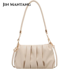 Pleated Shoulder Bag Soft Pu Leather Casual Small Square Bag