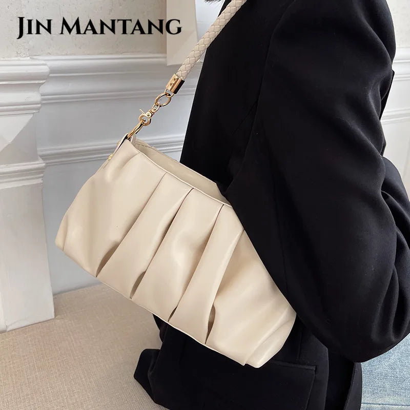 Pleated Shoulder Bag Soft Pu Leather Casual Small Square Bag
