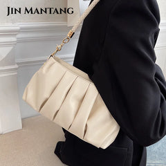 Pleated Shoulder Bag Soft Pu Leather Casual Small Square Bag