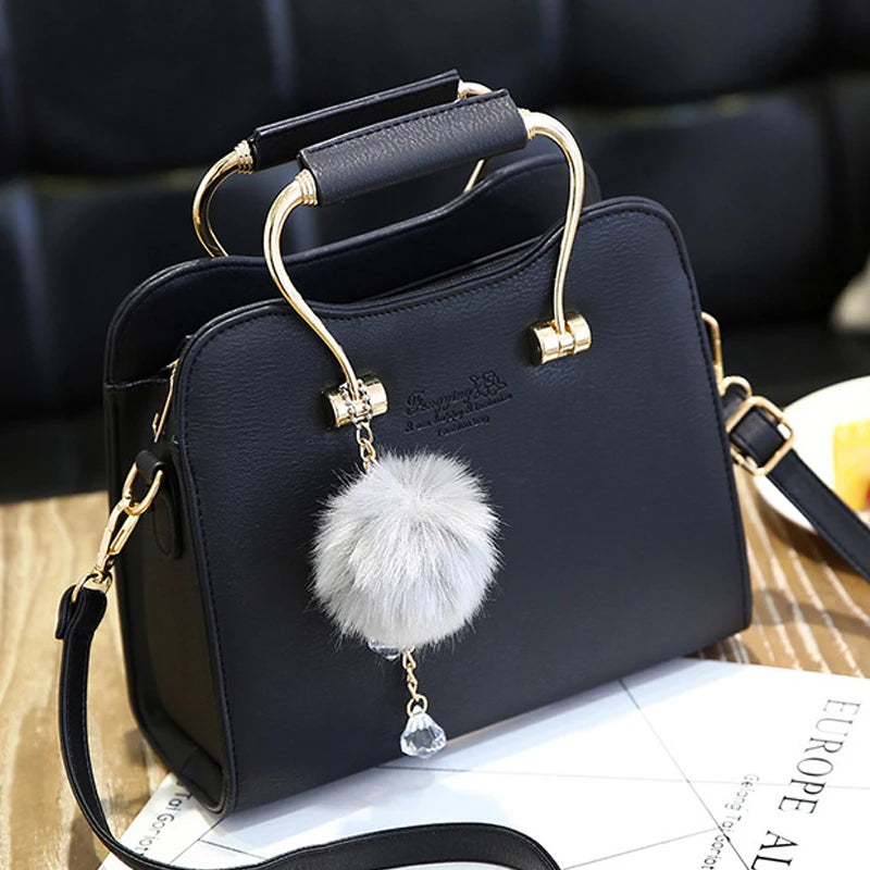 Soft PU Leather Handbag Women Girl Messenger Bag with Ball Toy