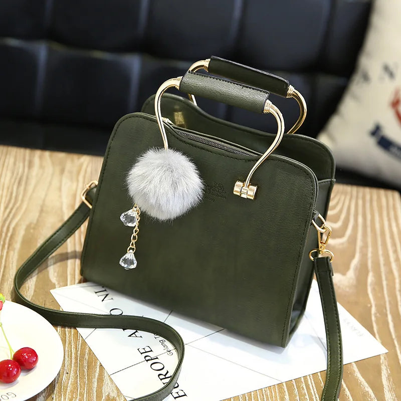 Soft PU Leather Handbag Women Girl Messenger Bag with Ball Toy