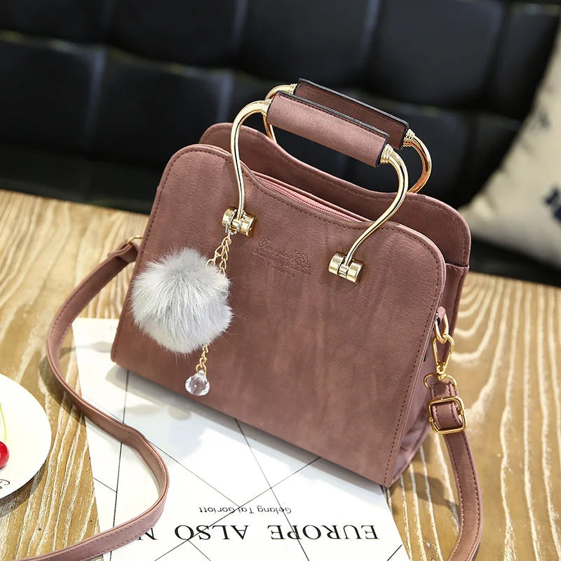 Soft PU Leather Handbag Women Girl Messenger Bag with Ball Toy