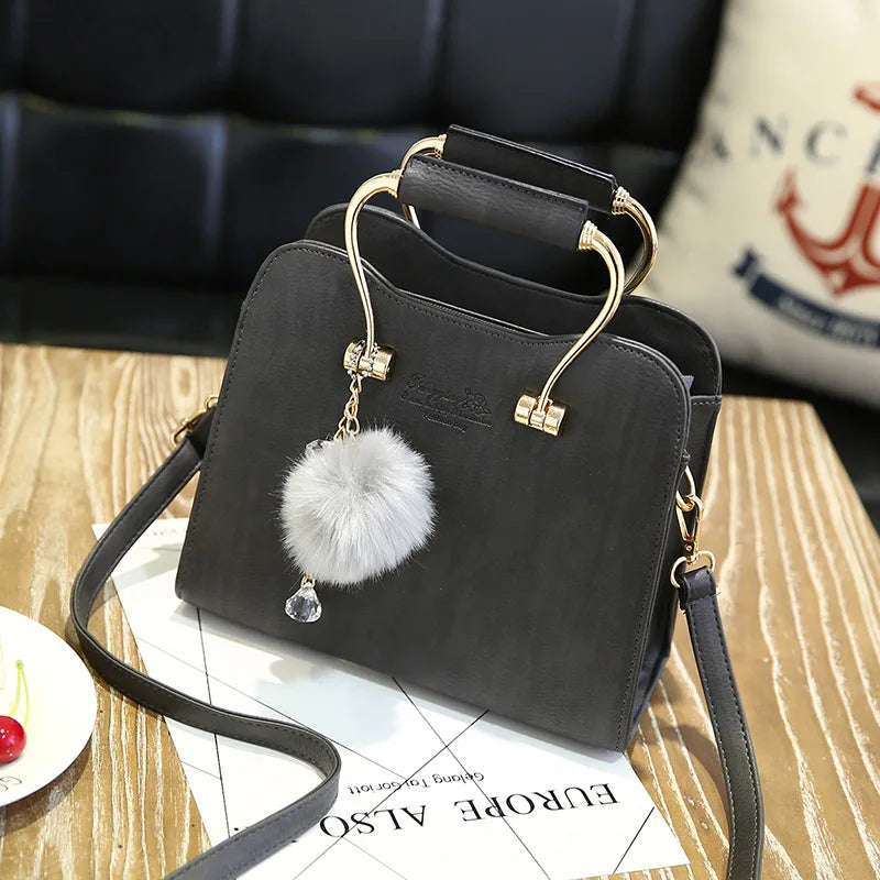 Soft PU Leather Handbag Women Girl Messenger Bag with Ball Toy
