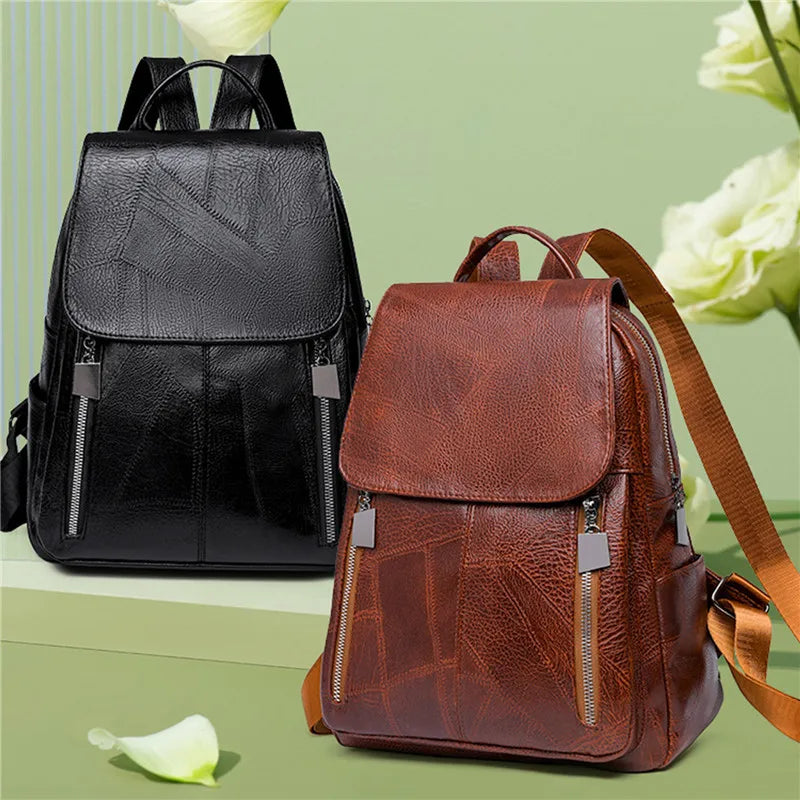 Women's PU Leather Backpack Large Capacity Waterproof Rucksack